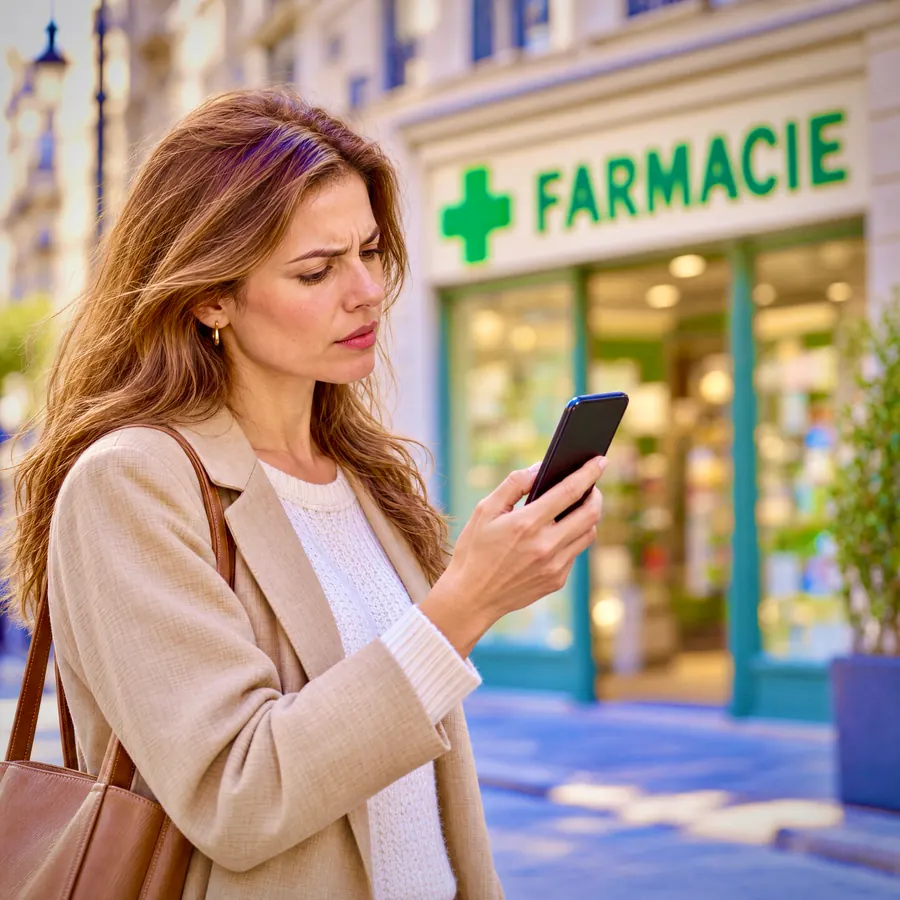 Femeie în fața unei farmacii, căutând pe telefon un produs pe care nu îl găsește