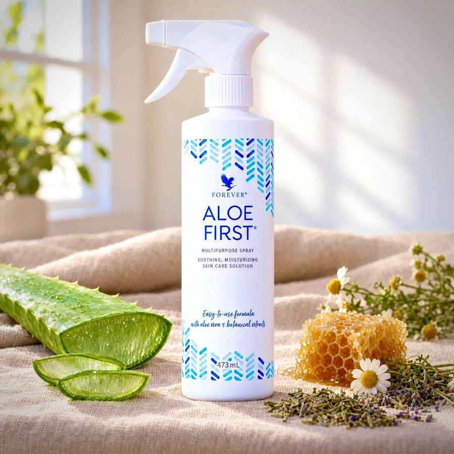 Flaconul de Aloe First alături de o frunză de aloe vera tăiată, un fagure de miere și flori de mușețel