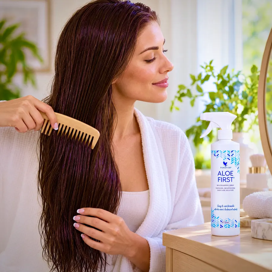 Femeie pieptănând părul umed cu un pieptene de lemn după aplicarea spray-ului Aloe First