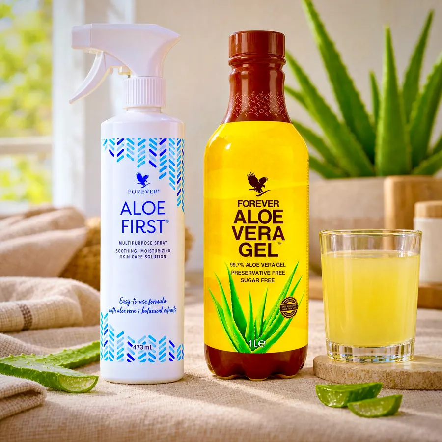 Spray-ul Aloe First alături de gelul de aloe vera destinat consumului și un pahar — două produse diferite